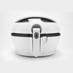 A white air fryer sits on a white background.