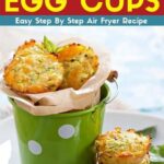 A green bucket holds several air fryer egg cups. A stack of egg cups sits next to the bucket on a white platter.