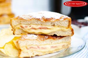 A side view of the finished Air Fryer Monte Cristo Sandwich.